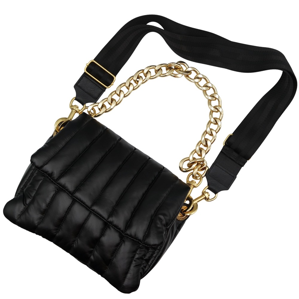 Think Royln Black Bar Bag Quilted Puffer Crossbody Bag Gold Chain & Webbed Strap